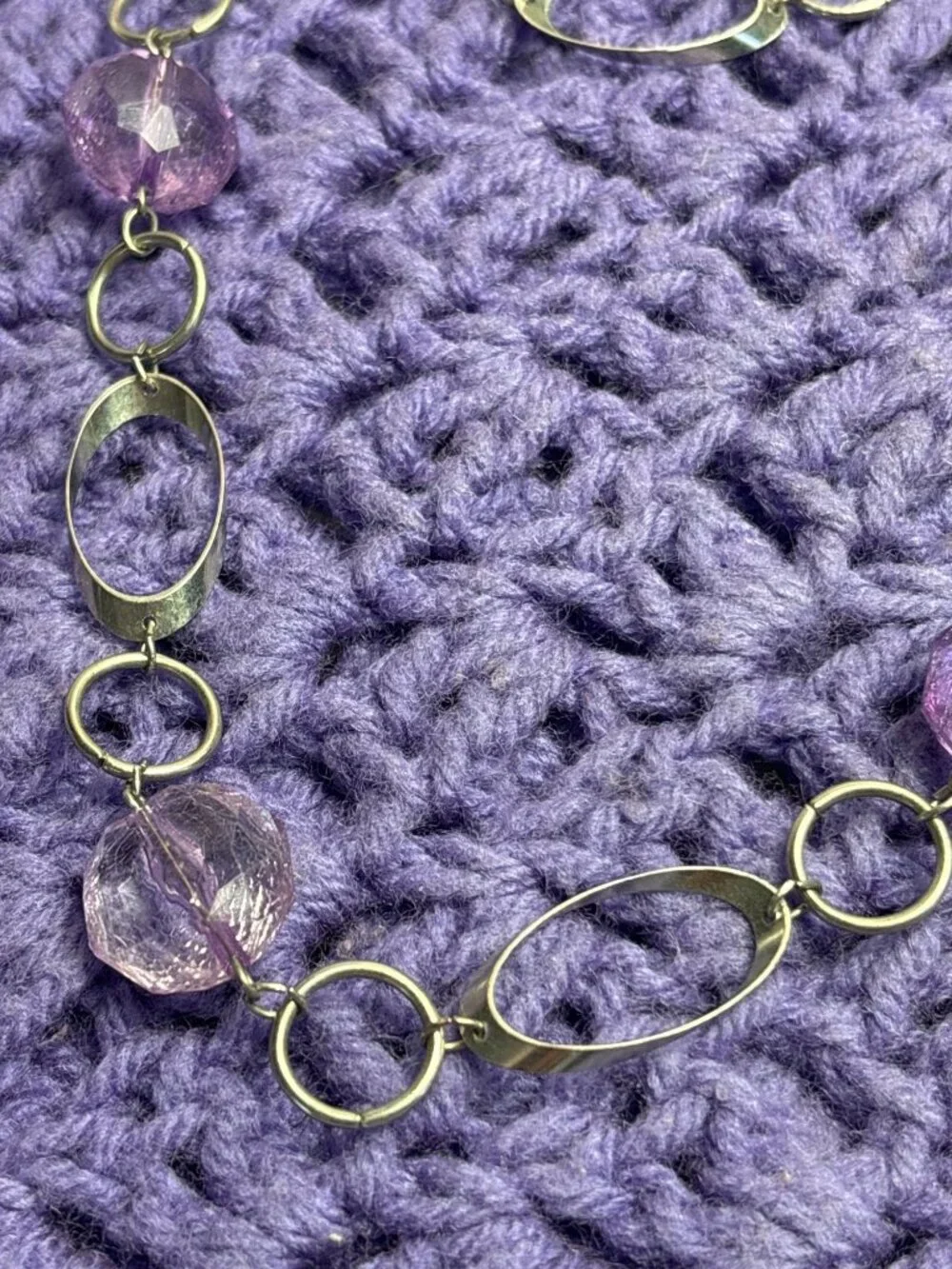 Geometric Silvertone Chain Necklace Purple Plastic Beads No Clasp 33 inches Long